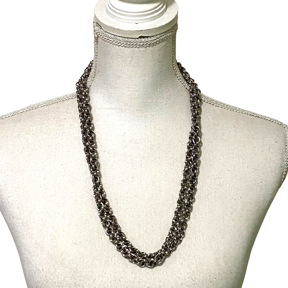 Silver Tone Chunky Double Ring Chain Necklace 54" Shiny Fashion Costume Jewelry